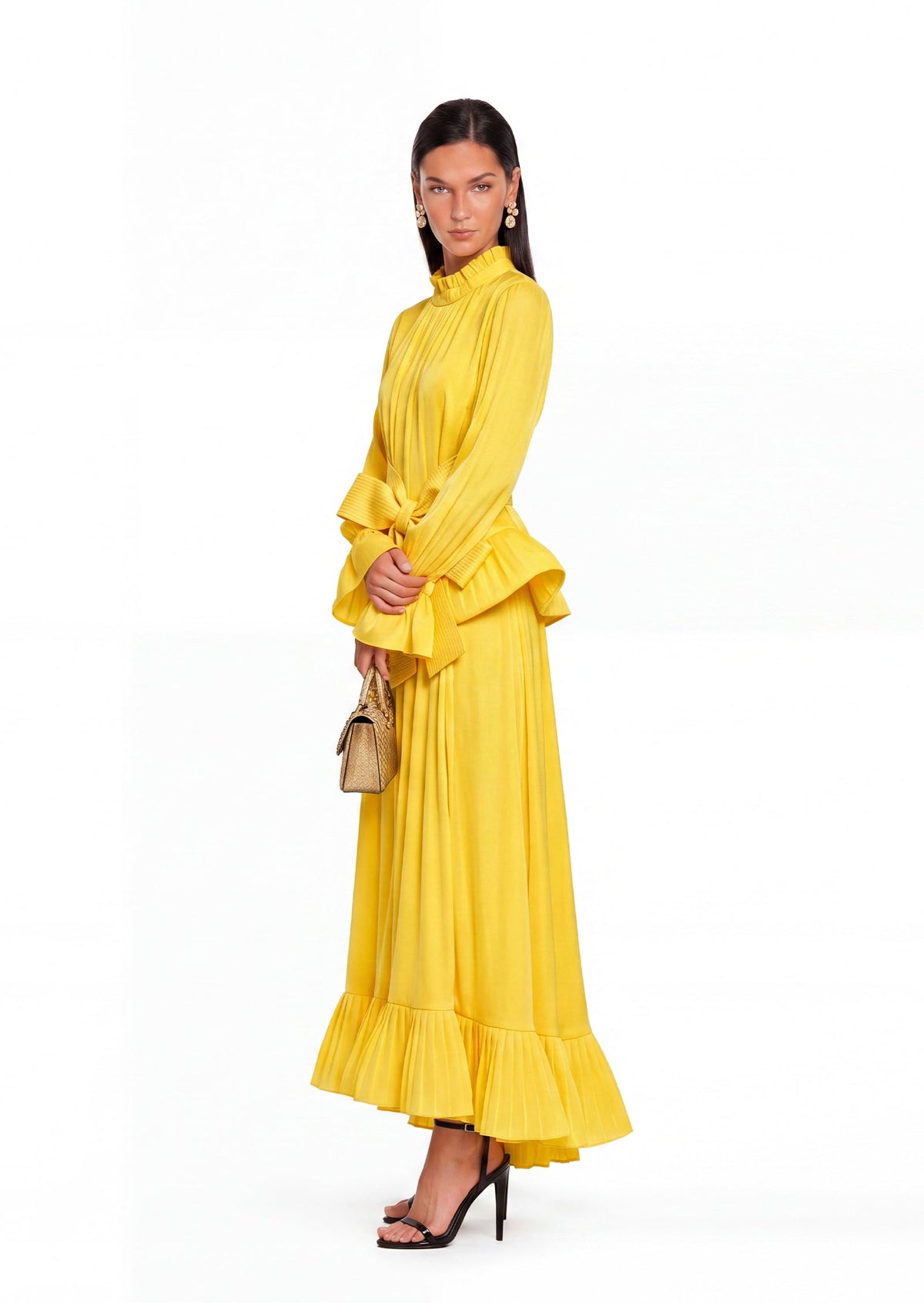 Iaolani Pleated Long Sleeve Maxi Skirt Set In Yellow