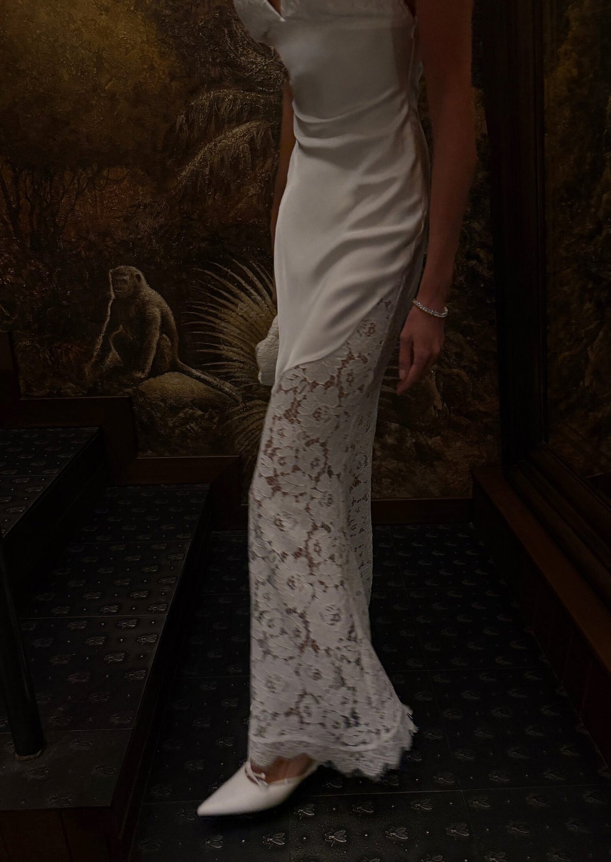 V Neck Satin Maxi Dress With Lace In White