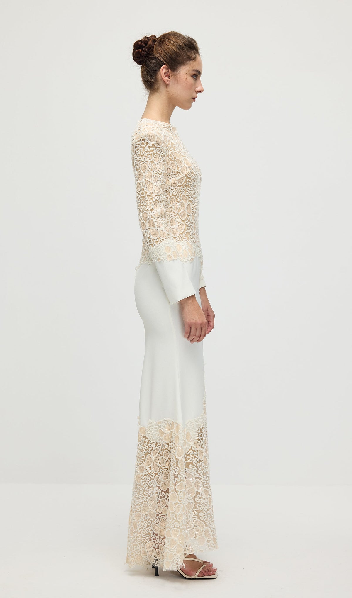 Textured Floral Embroidered Sequined Maxi Dress In Ivory