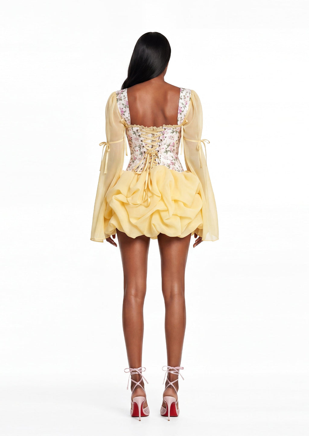 Octavius Floral Corset Bubble Mini Dress In Yellow