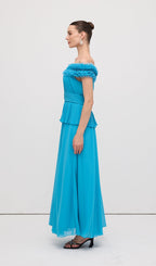 Solid Tiered Pleated Strapless Gown Maxi Dress