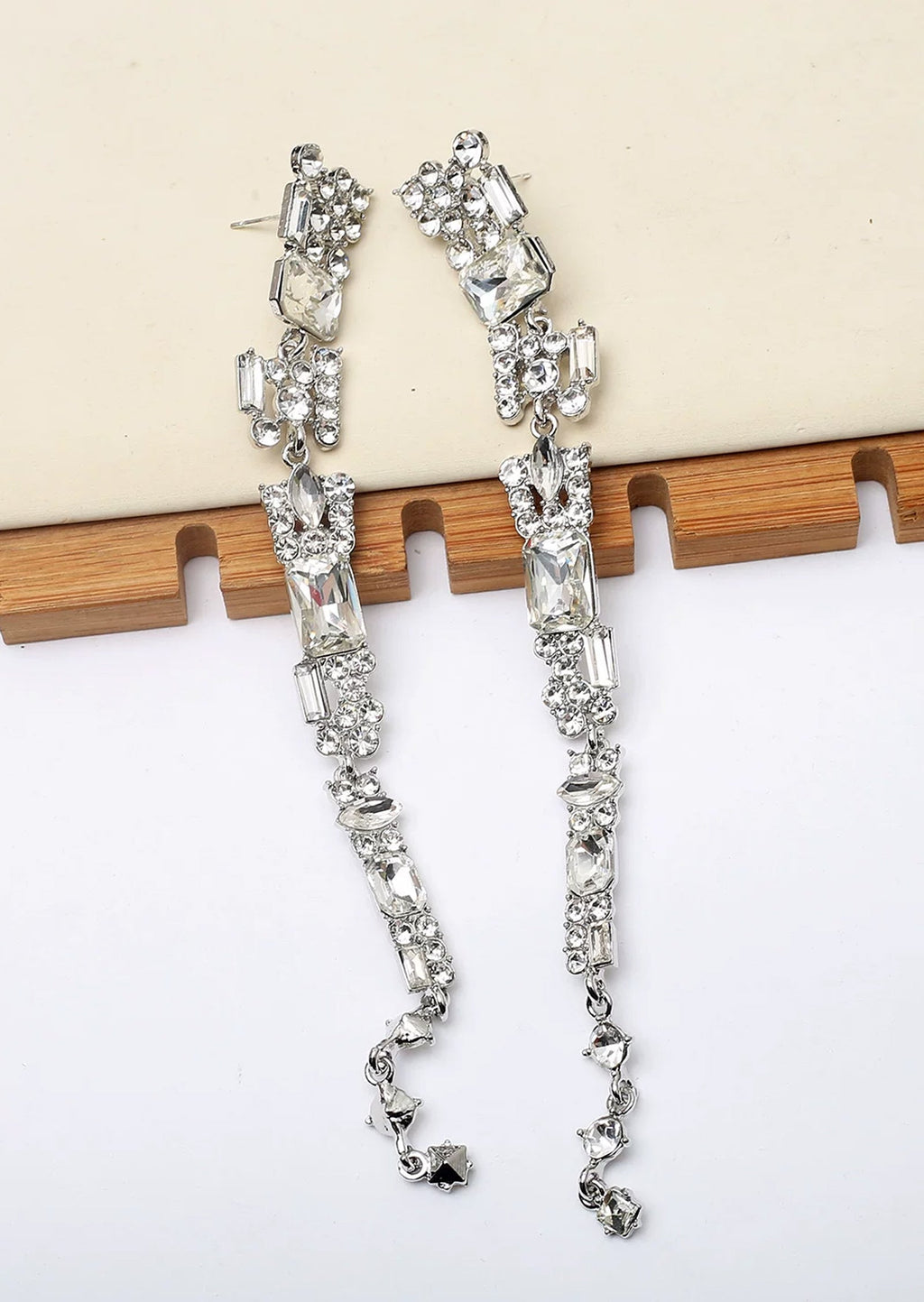 Eddy Long Crystal Tassel Stud Earrings