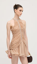 Embellished Ruched Mini Dress In Apricot