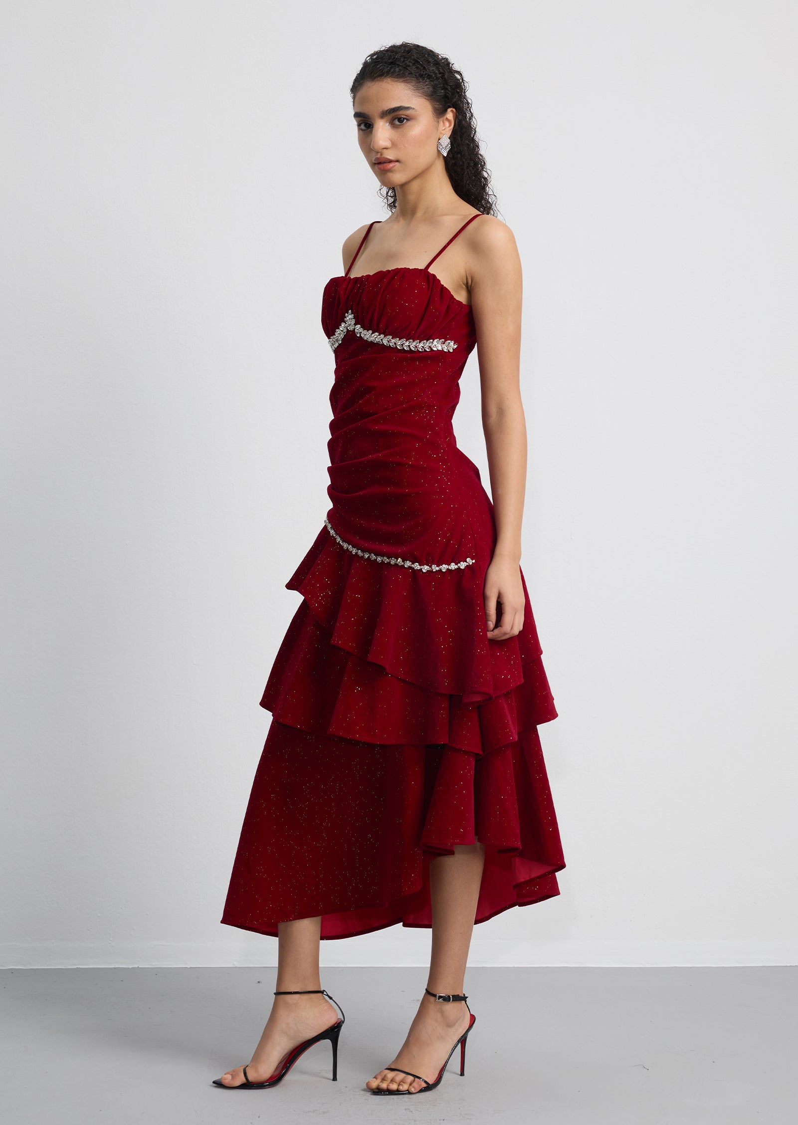 Asymmetrical Ruffled Crystal-Embellished Midi Dress