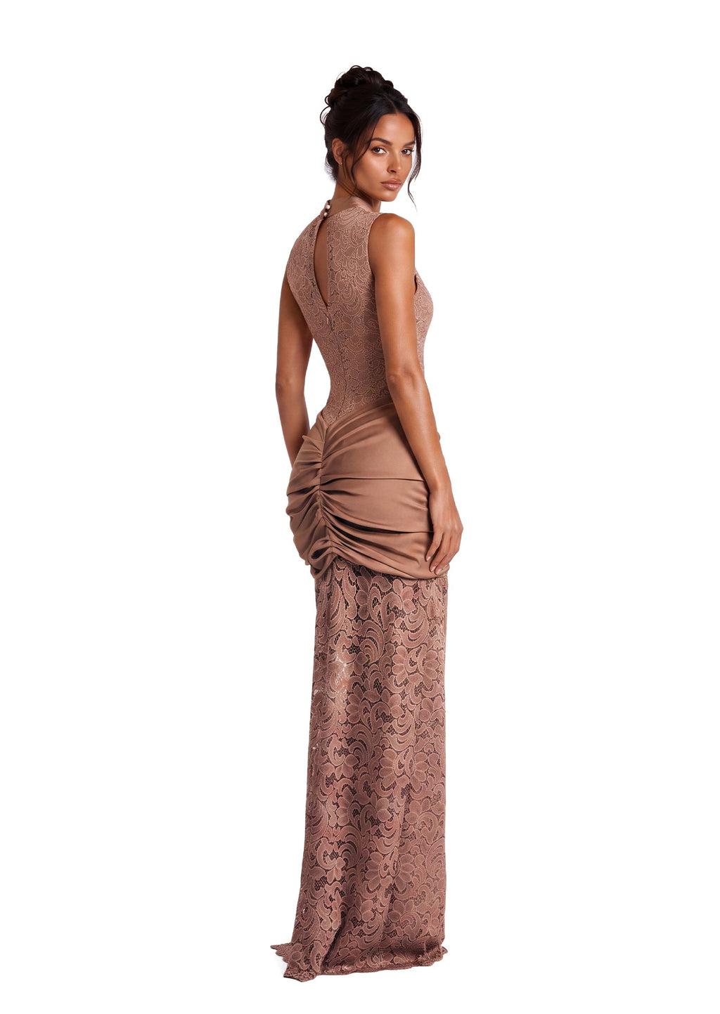 Loa Stand Up Collar Slit Maxi Dress In Light Brown