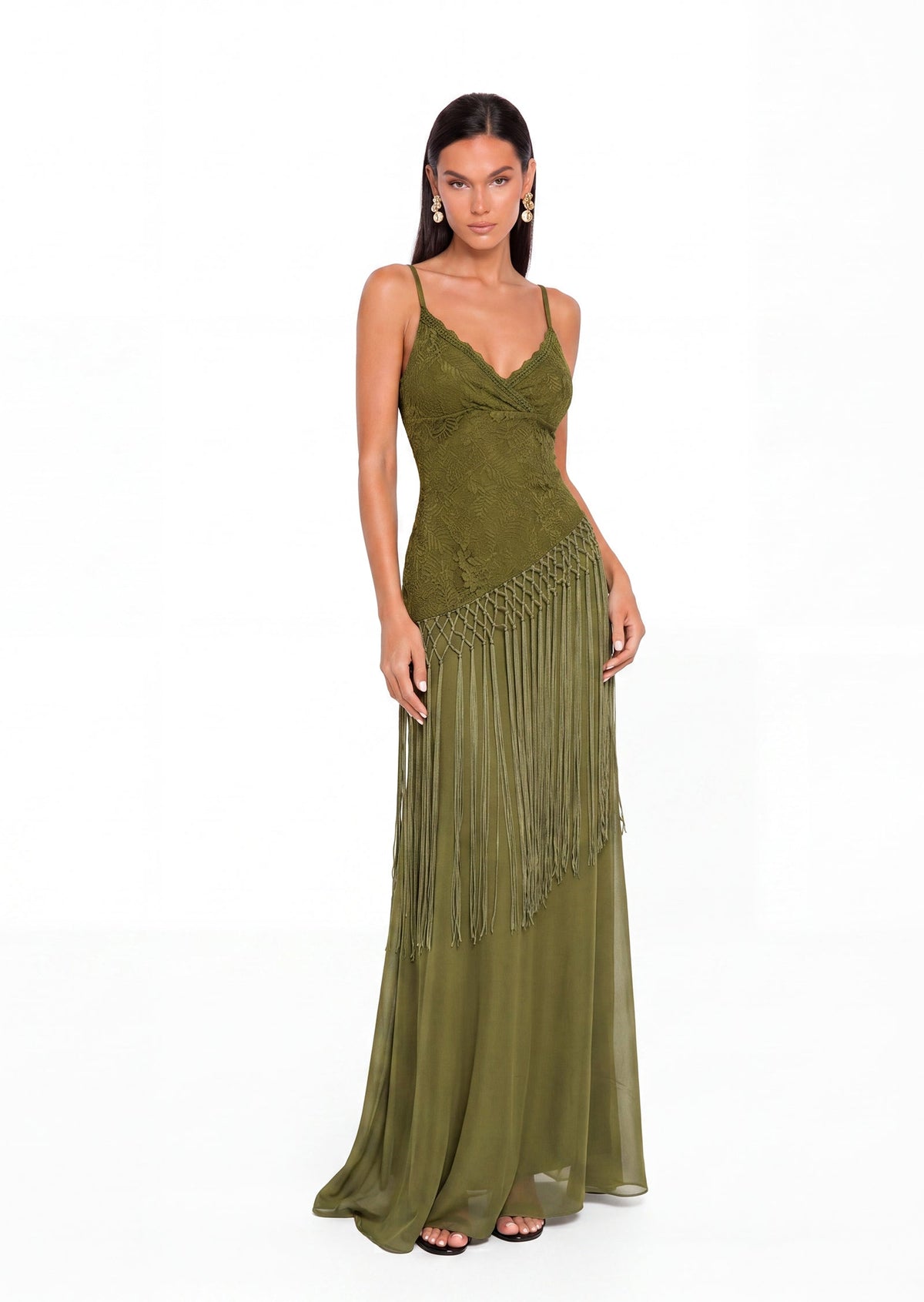 Nadia Sleeveless Lace Trim Maxi Dress In Green