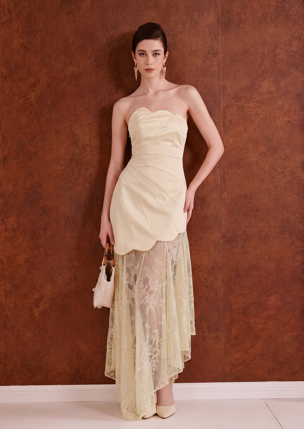 Elowise Satin And Lace Maxi Dress In Lemon