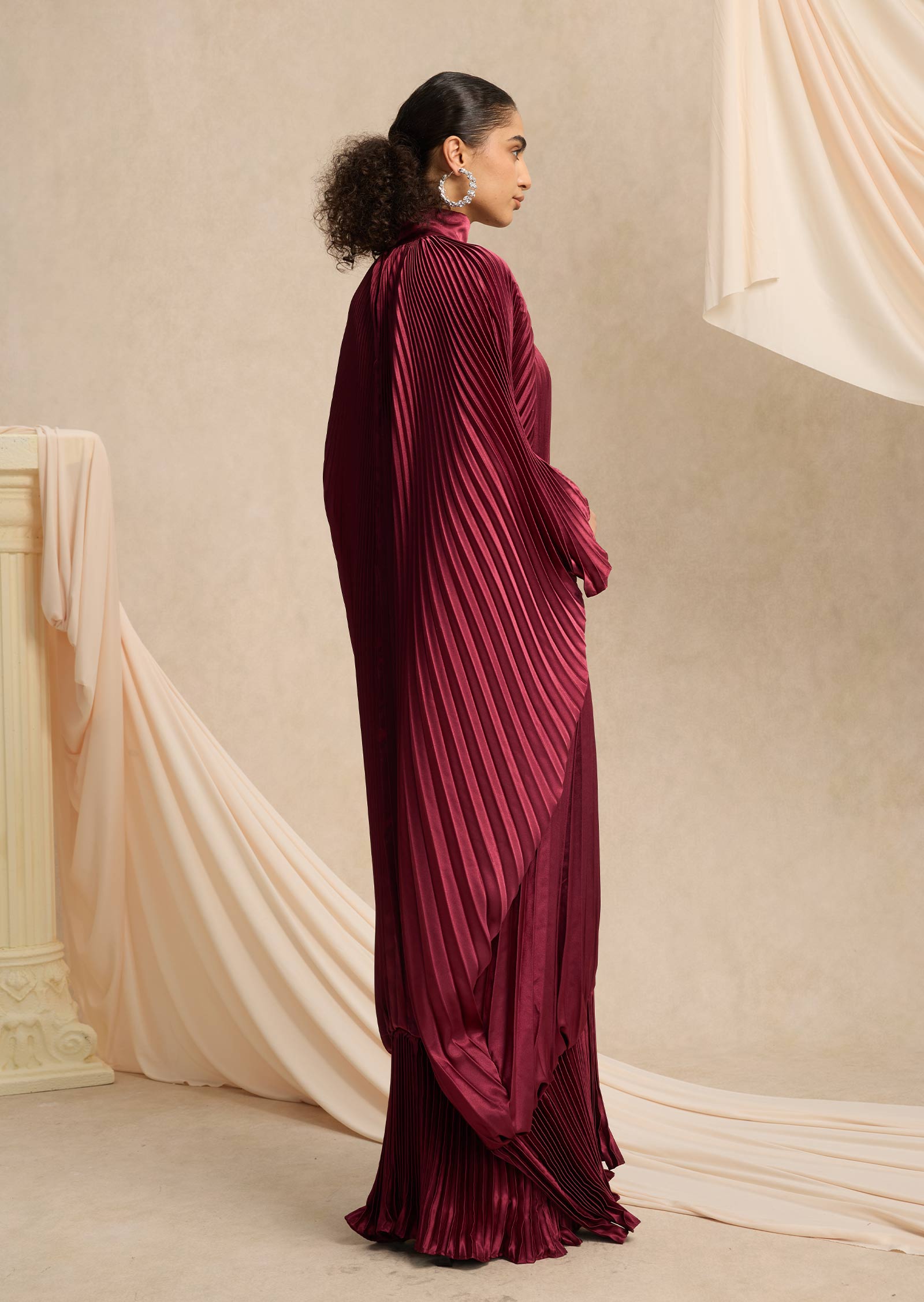 Hiba V Neckline Pleats Ruffled Maxi Dress In Burgundy