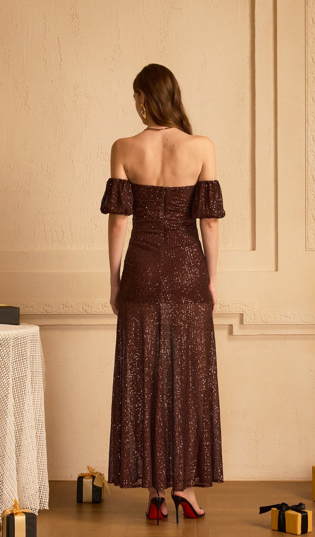 Off Shoulder Stretch Sequin Maxi Dress