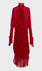 Pleated Silk-Chiffon Slit Maxi Dress In Red