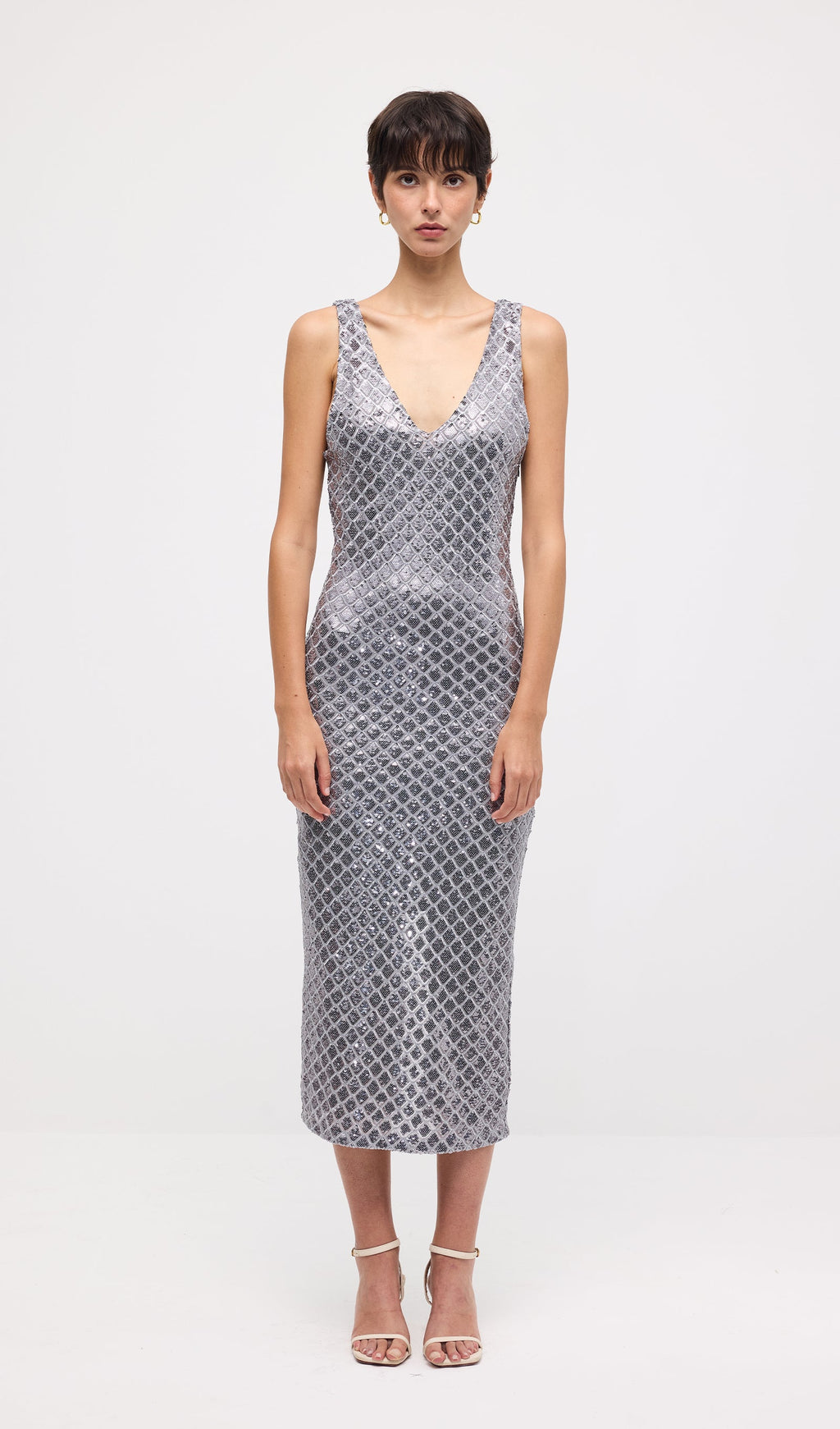 Sleeveless Embellished V Neck Midi Dress