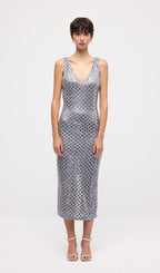 Sleeveless Embellished V Neck Midi Dress