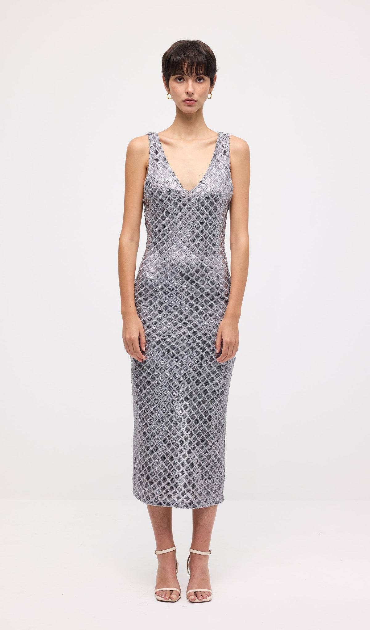 Sleeveless Embellished V Neck Midi Dress