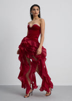 Strapless Ruffled Velvet Maxi Dress In Red