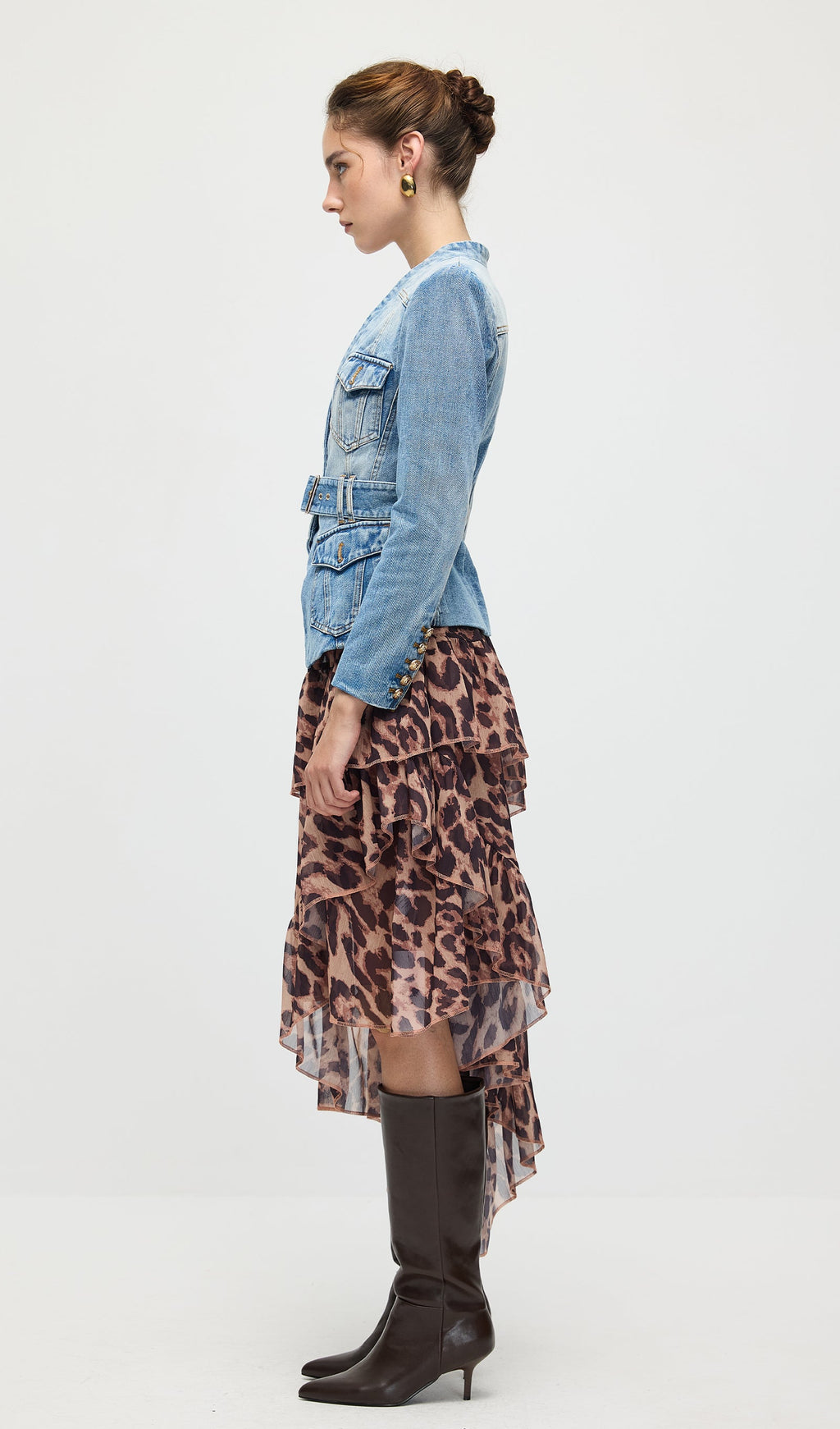 Solid V Neck Blue Denim Jacket With Belt