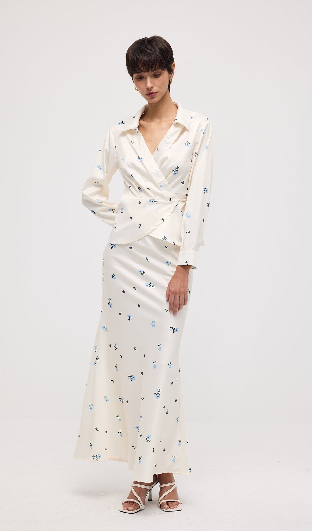 Floral Print Satin Maxi Skirt Two Piece Set