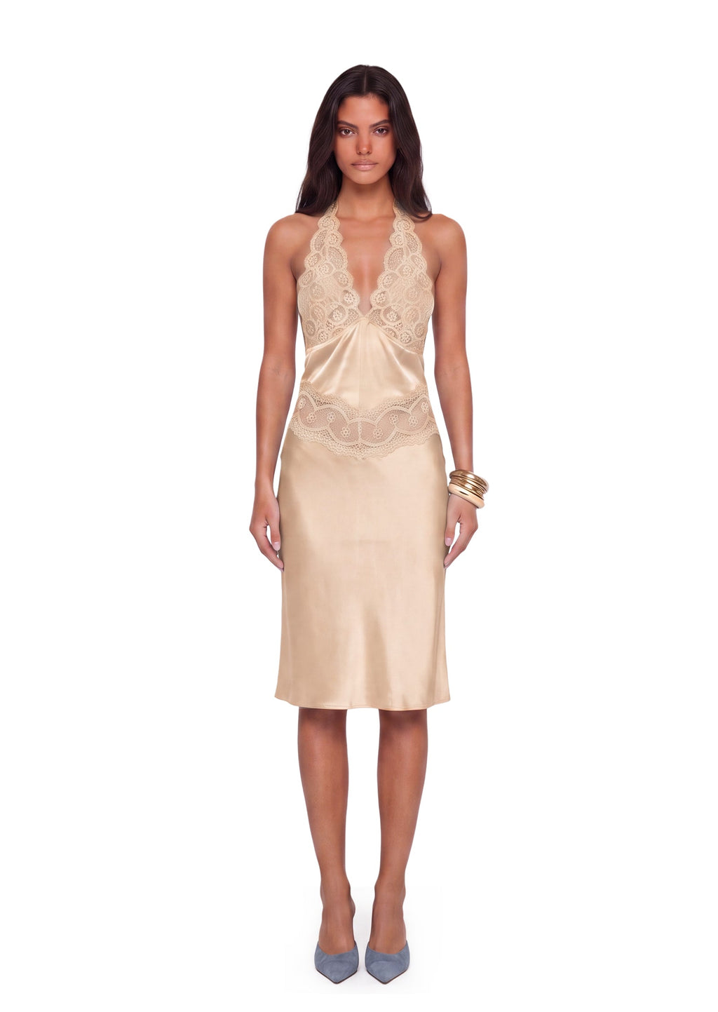 Fanta Satin Midi Dress With Lace In Apricot
