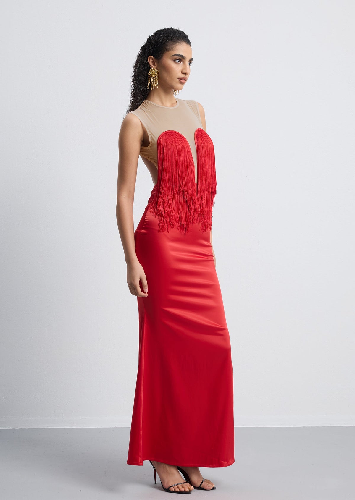 Hiba Fringe Detail Satin Maxi Dress With Fur Collar