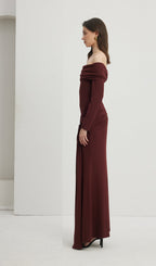 Off Shoulder Ruffle Maxi Dress Reddish Brown