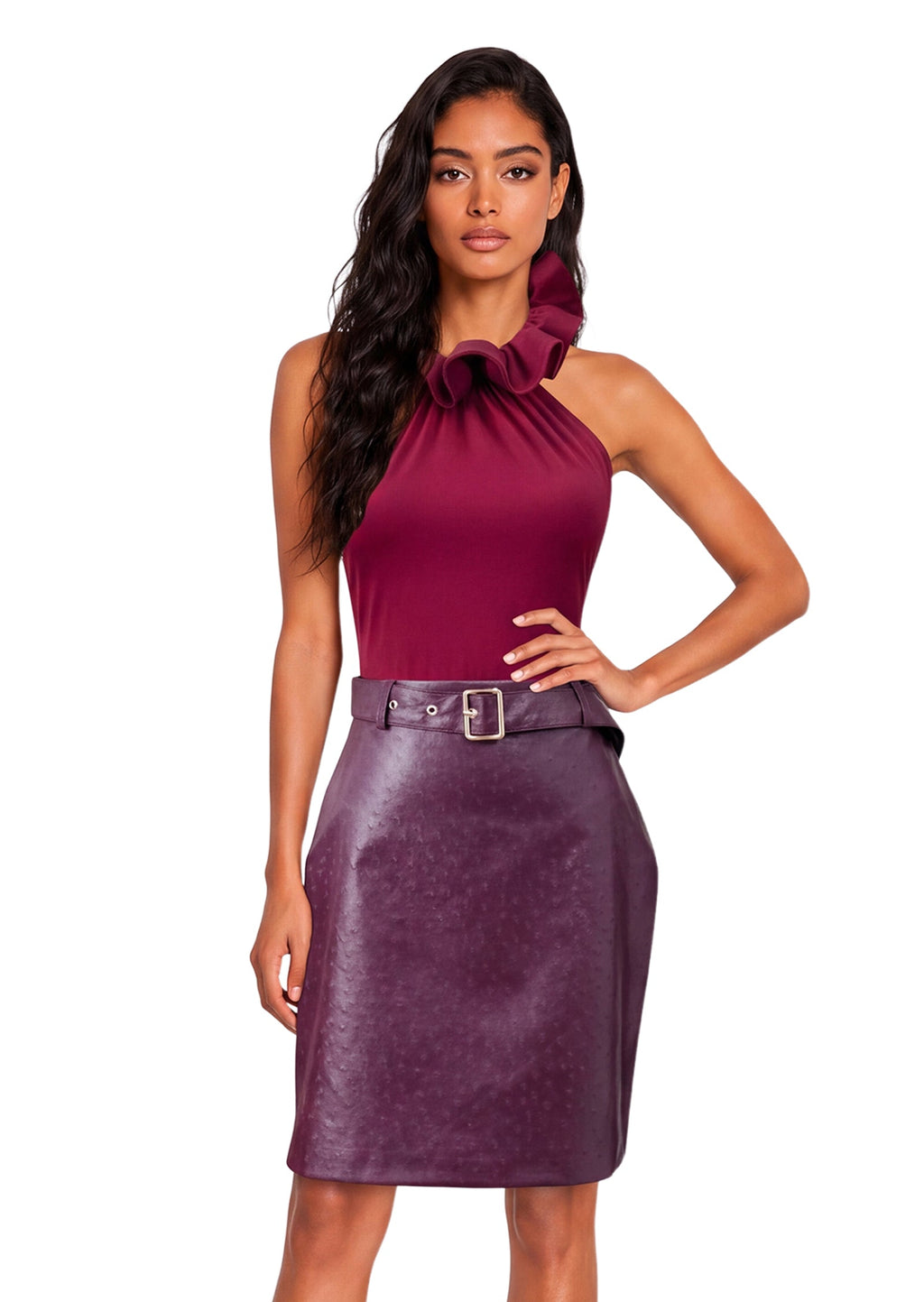 Uaine Halter Neck Jumpsuit Leather Skirt Set
