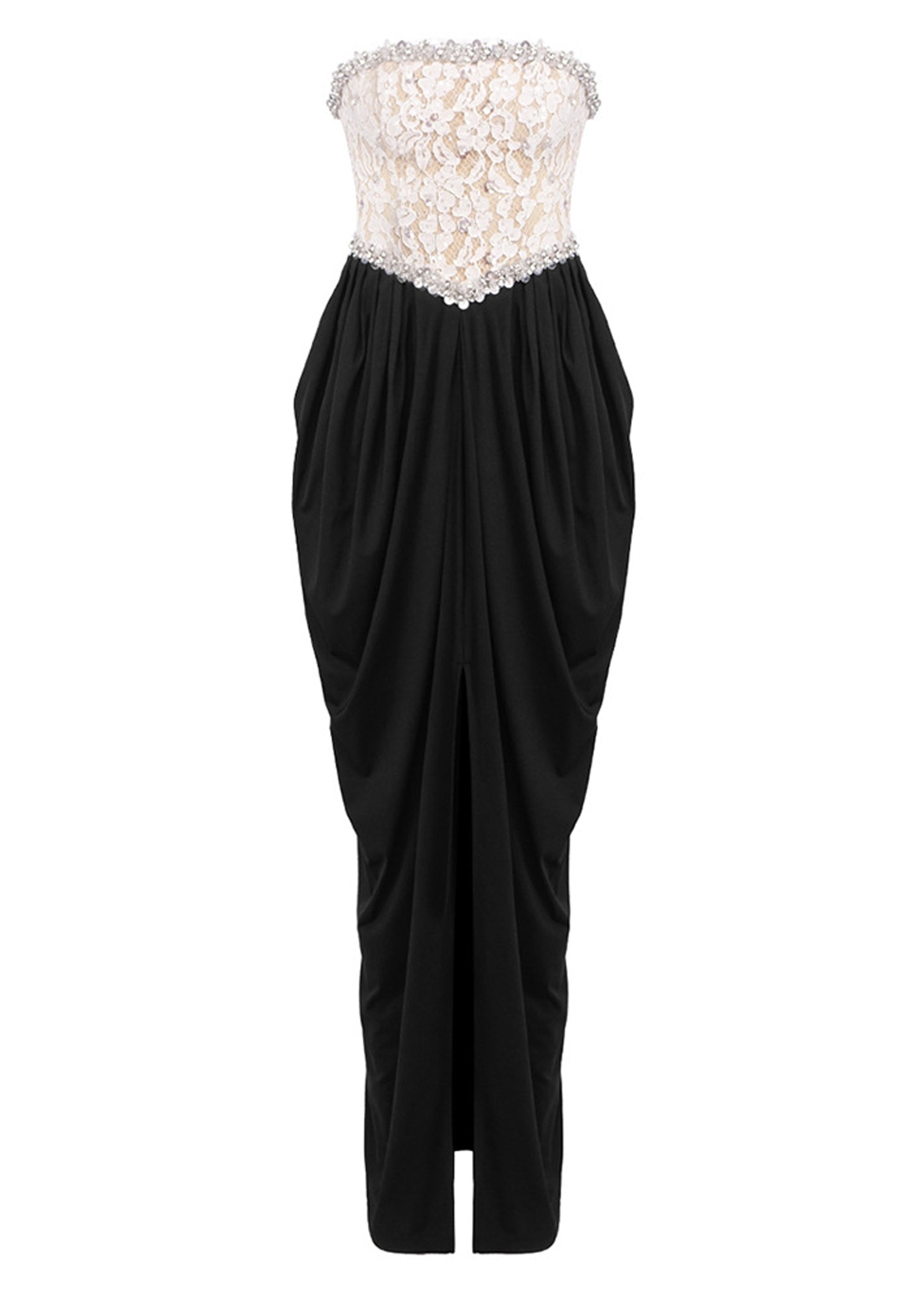 Strapless Lace Beaded Patchwork Maxi Dress
