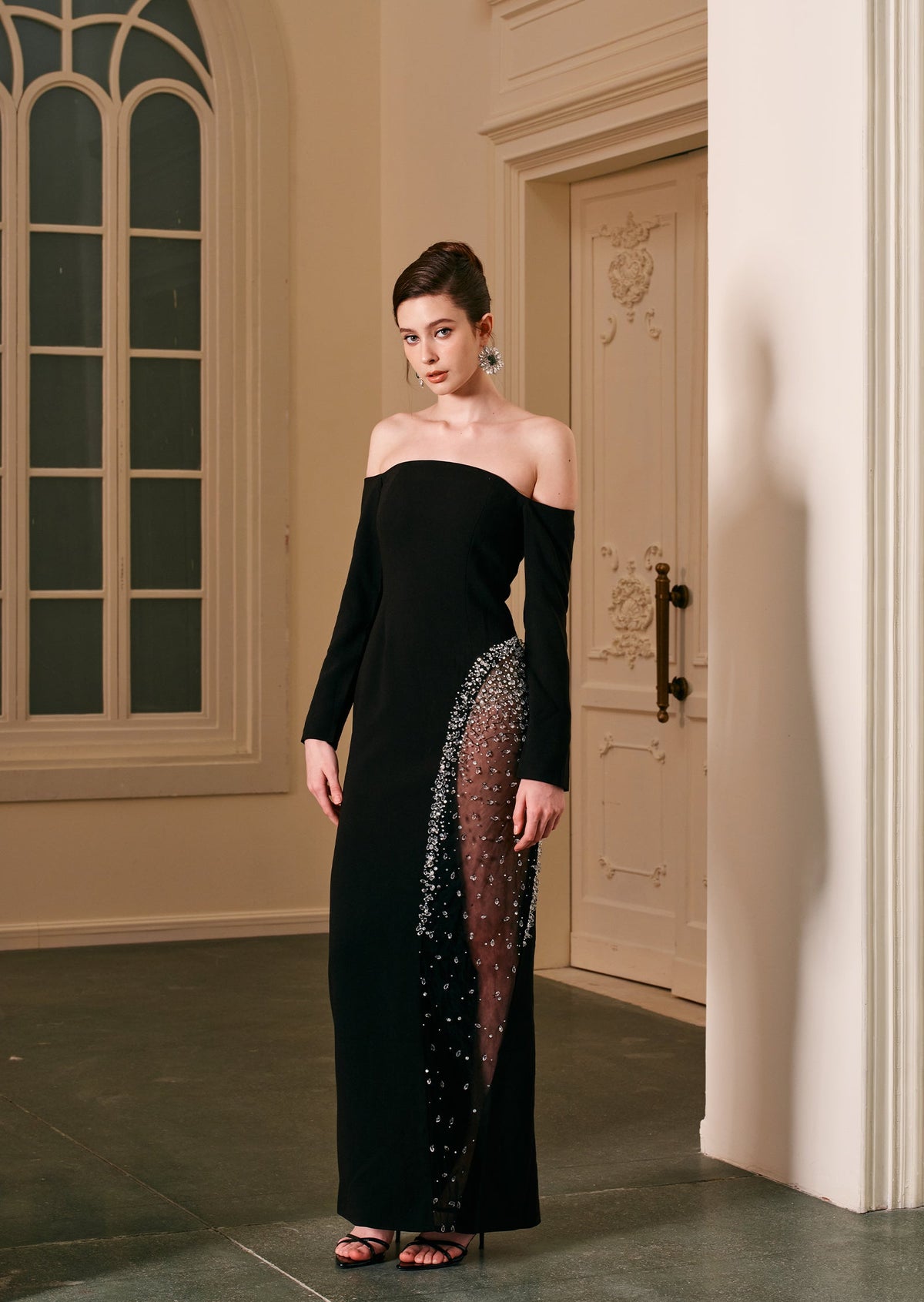 Jean Off Shoulder Velvet Maxi Dress In Black