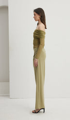 Off Shoulder Sheer Maxi Mesh Green
