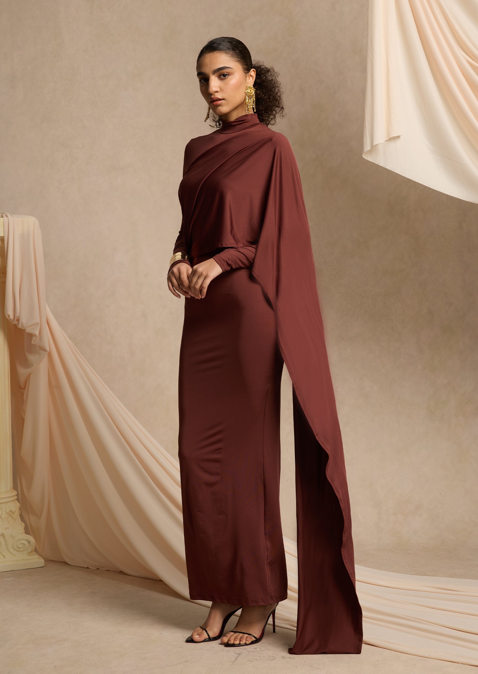 Asymmetrical Draped Cape Maxi Dress