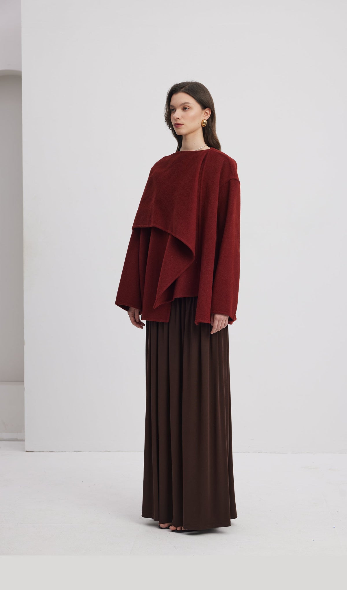 Solid Cape Style Coat-Wine Red