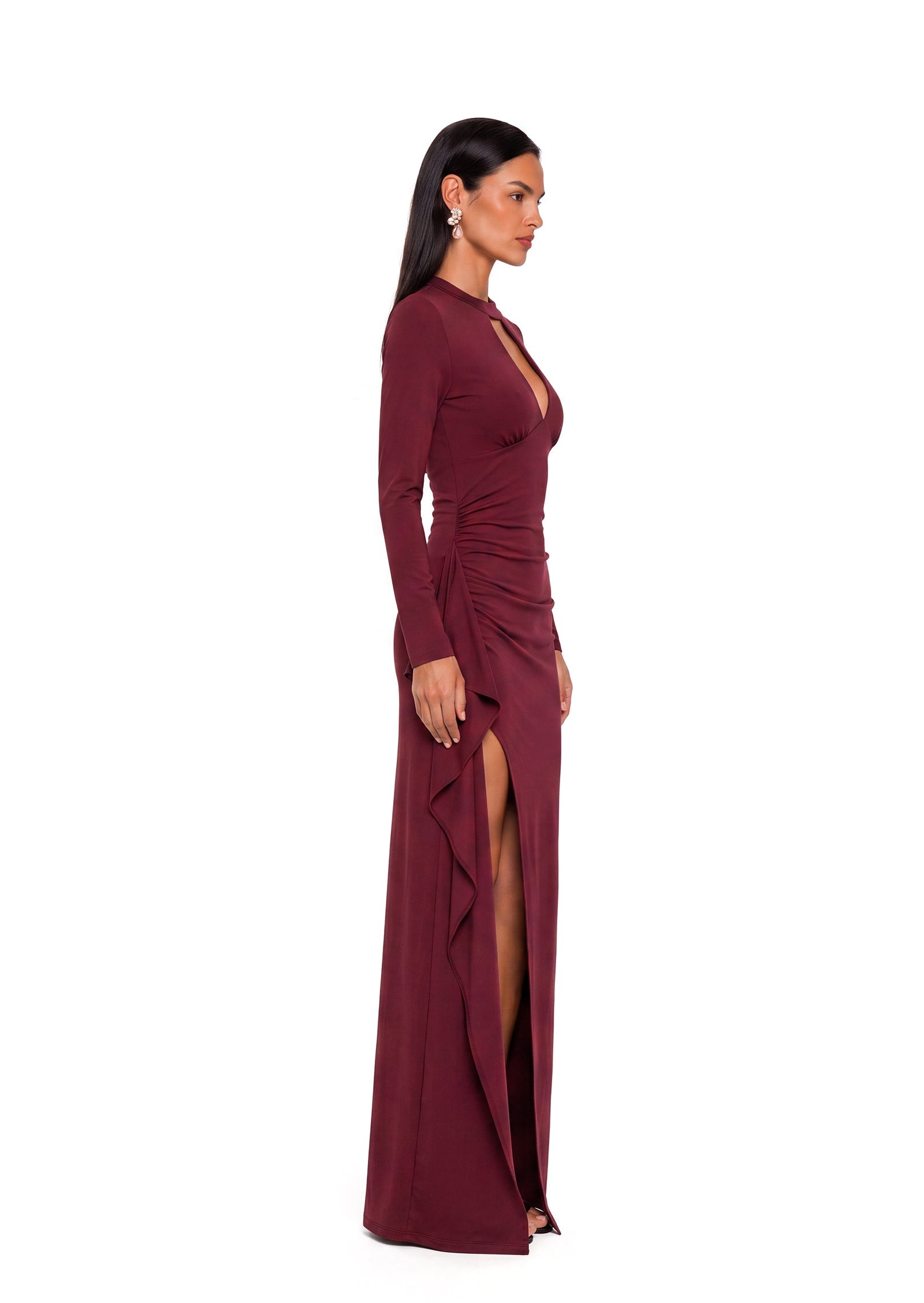 Adagio Long Sleeve Split Maxi Dress In Claret