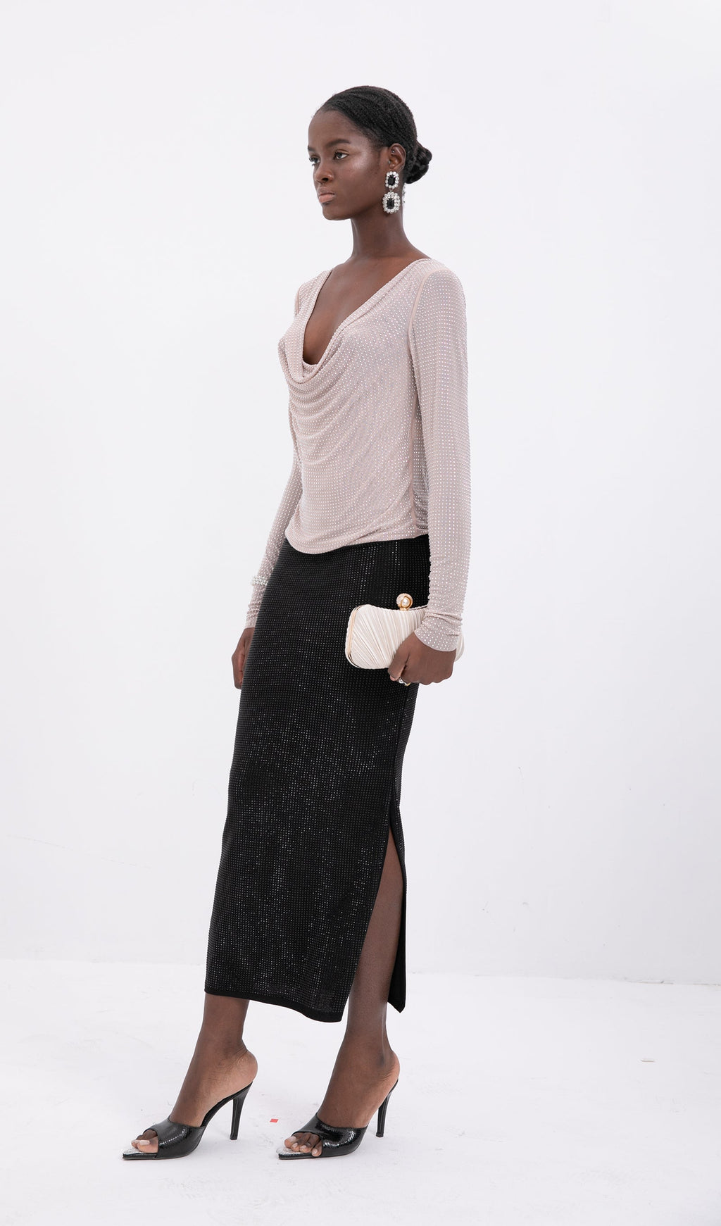 Black Tone Beaded Midi Skirt