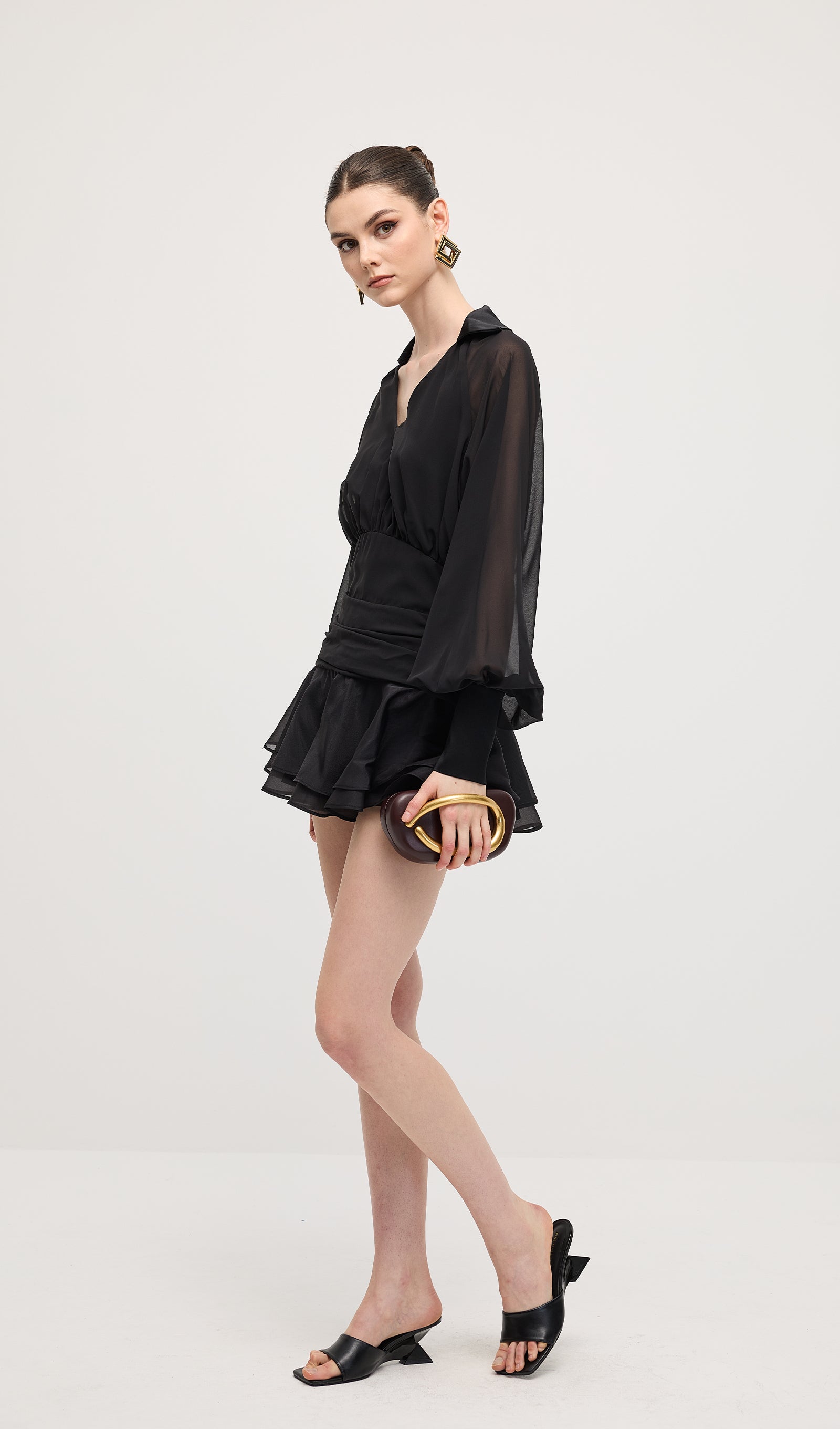 Solid Lantern Sleeve Mini Dress Black
