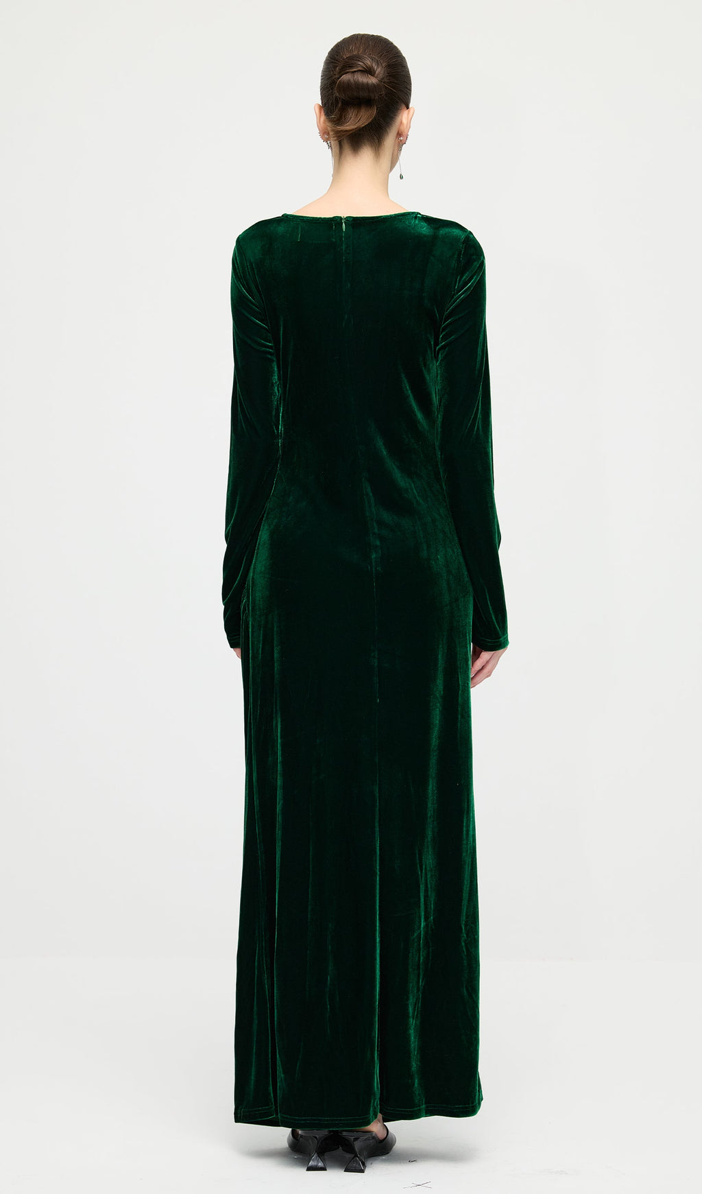 Long Sleeved Gathers  Maxi Dress In Dark Green