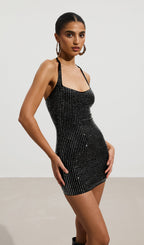 Embellished Halterneck Mini Dress In Black