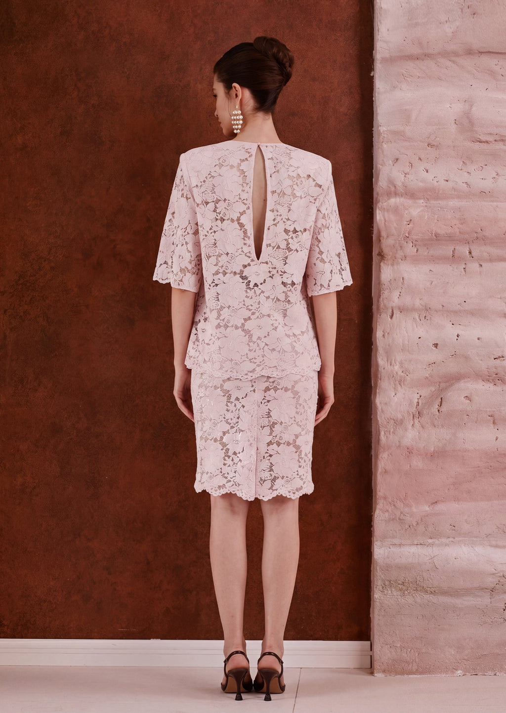 Aralyn Velvet  Lace T-Shirt & Lace Skirt Set In Pink