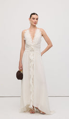 Halter Ruffles Rose Decoration Maxi Dress White