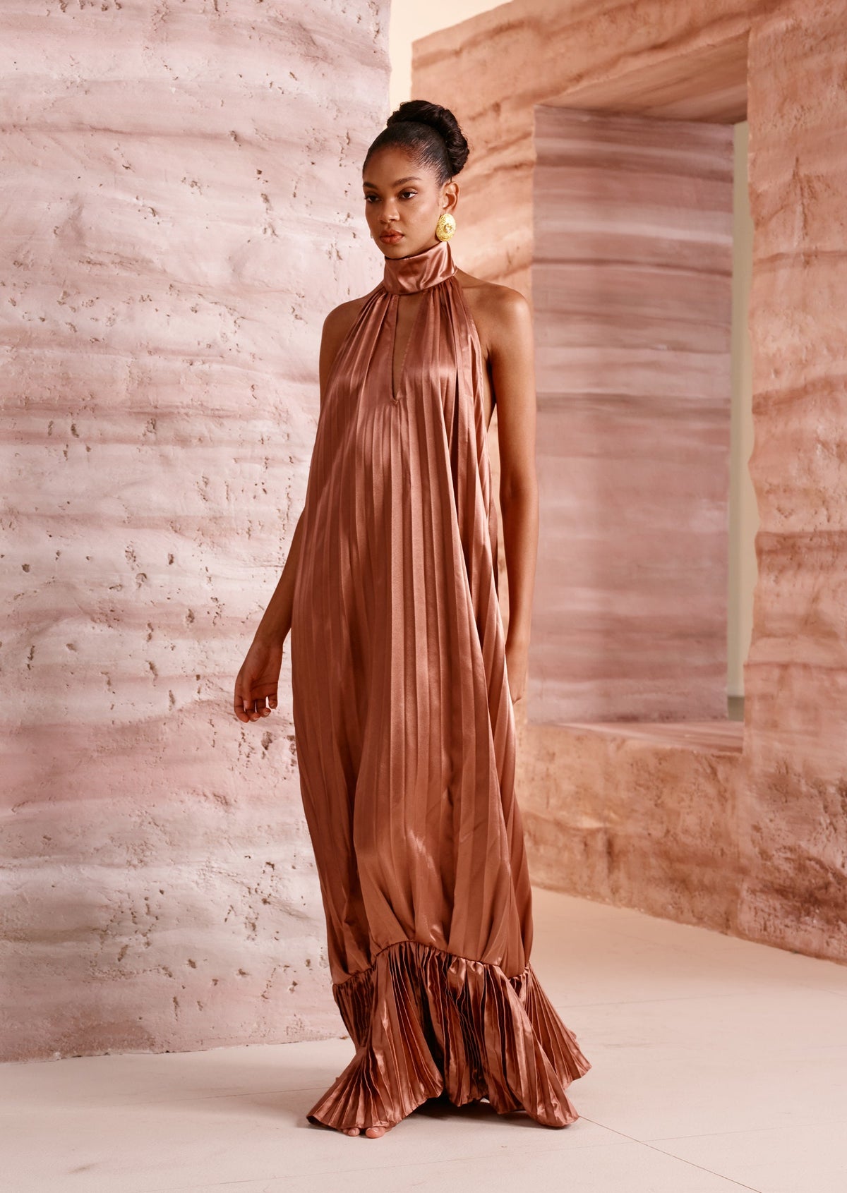 Sleeveless V Neckline Pleats Ruffled Maxi Dress