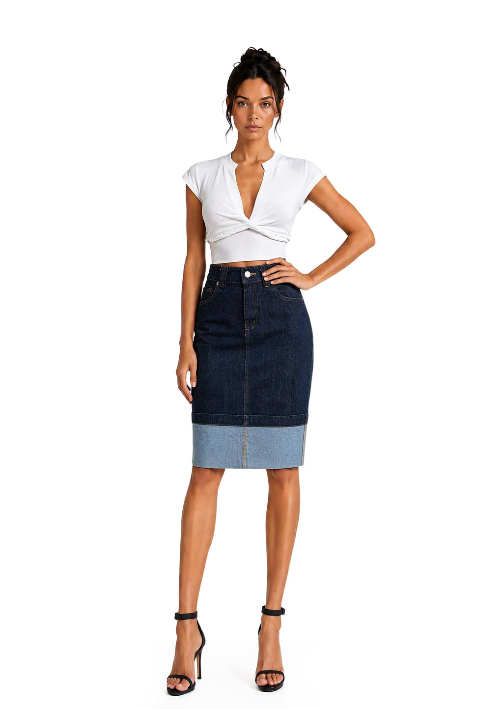 Caelus Denim Back Slit Midi Skirt In Blue