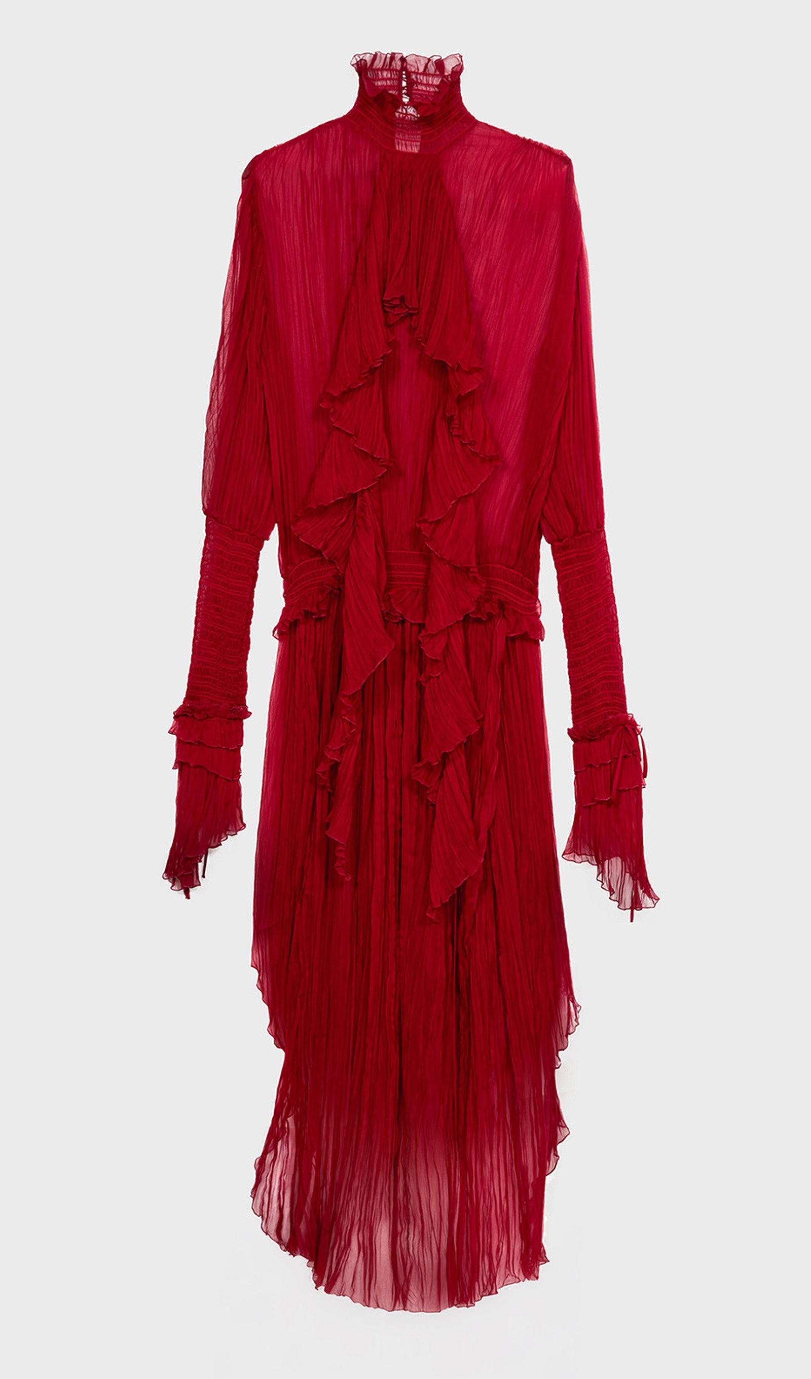 Solid Pleated Silk Chiffon Slit Maxi Dress In Red