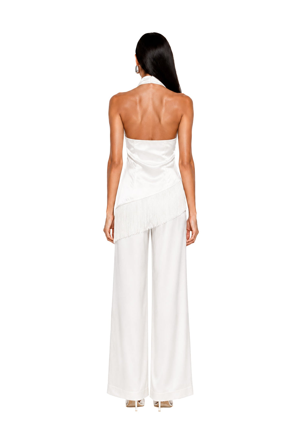 Wahkan Fringe Halter Top & Satin Pants Set In White
