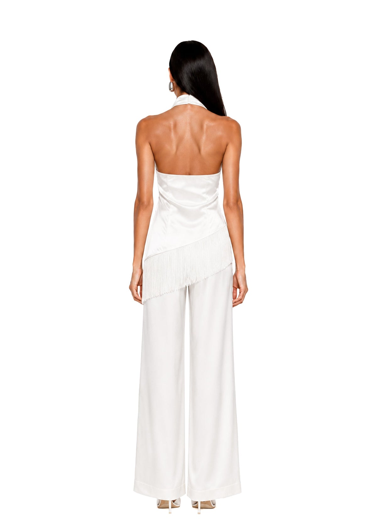 Wahkan Fringe Halter Top & Satin Pants Set In White
