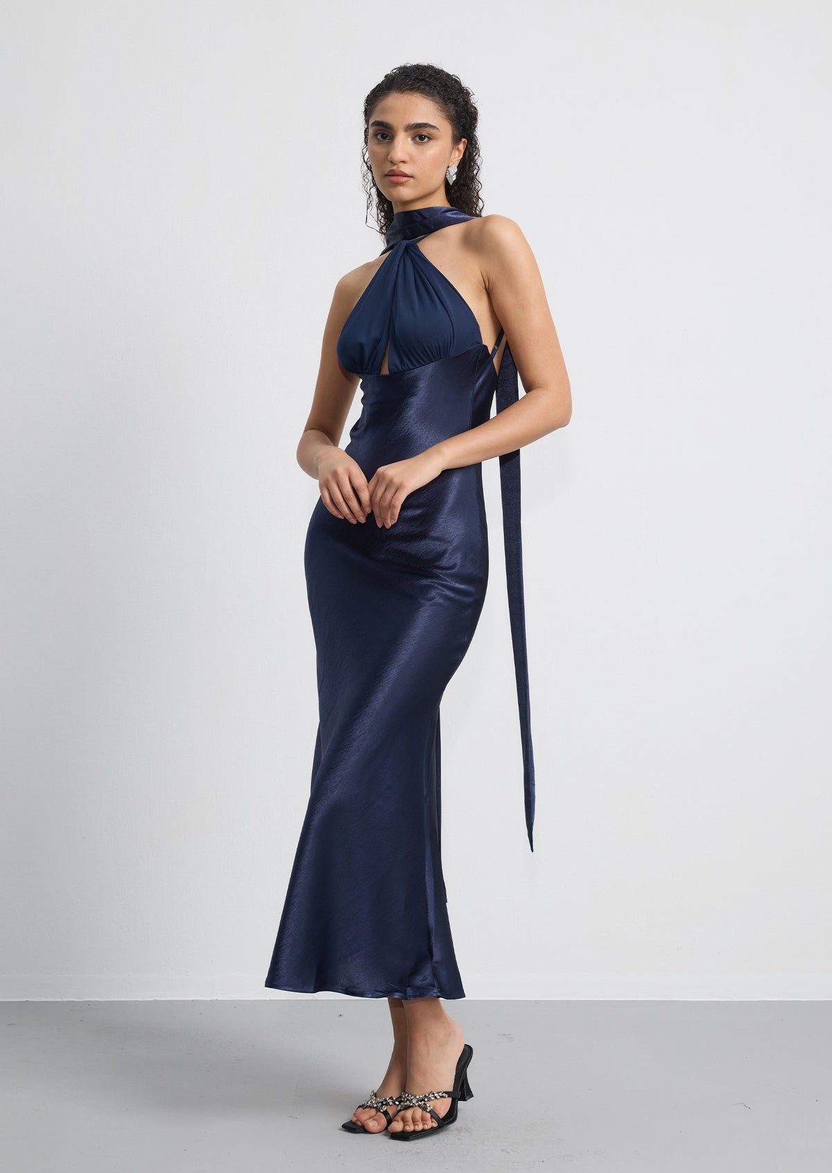 Satin Twist Front Halterneck Midi Dress