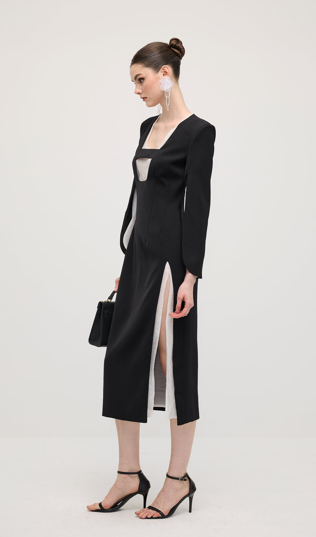 Slit Square Shoulder Midi Dress In Black