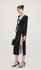 Slit Square Shoulder Midi Dress In Black