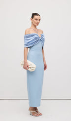 Off Shoulder Draped Satin Maxi Dress