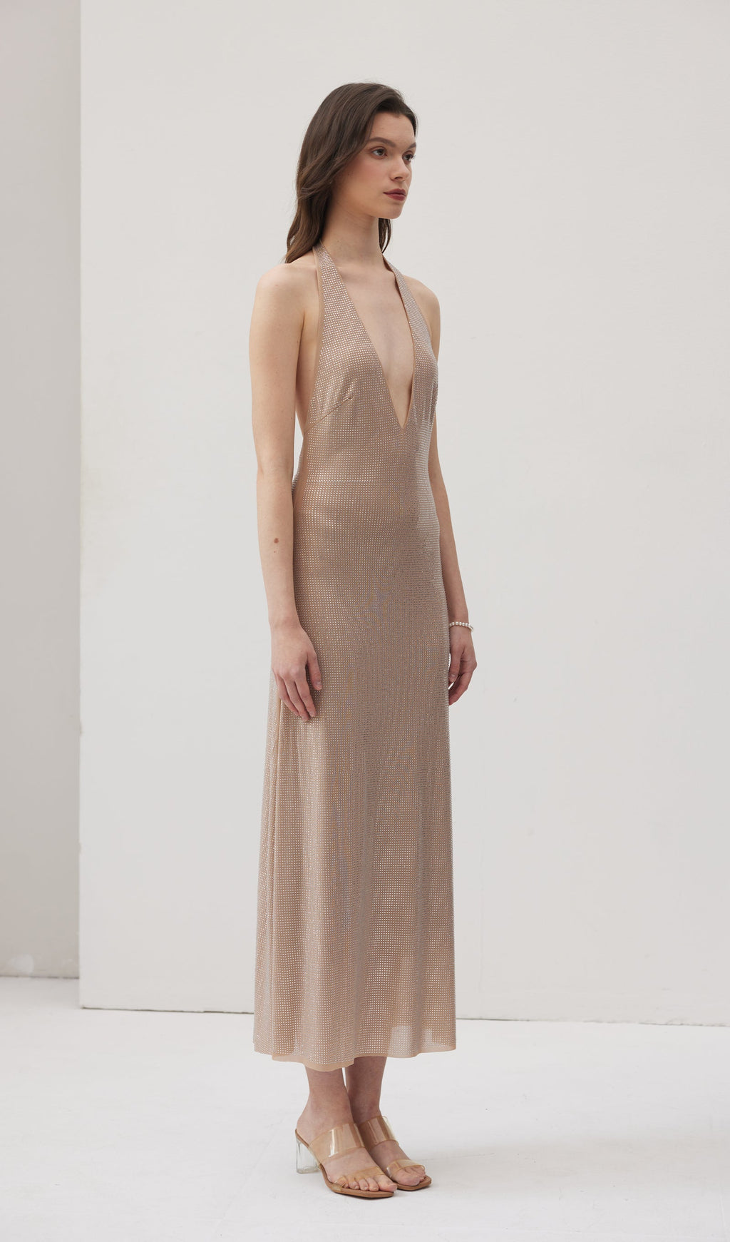 Diamante Halter Midi Dress - Nude