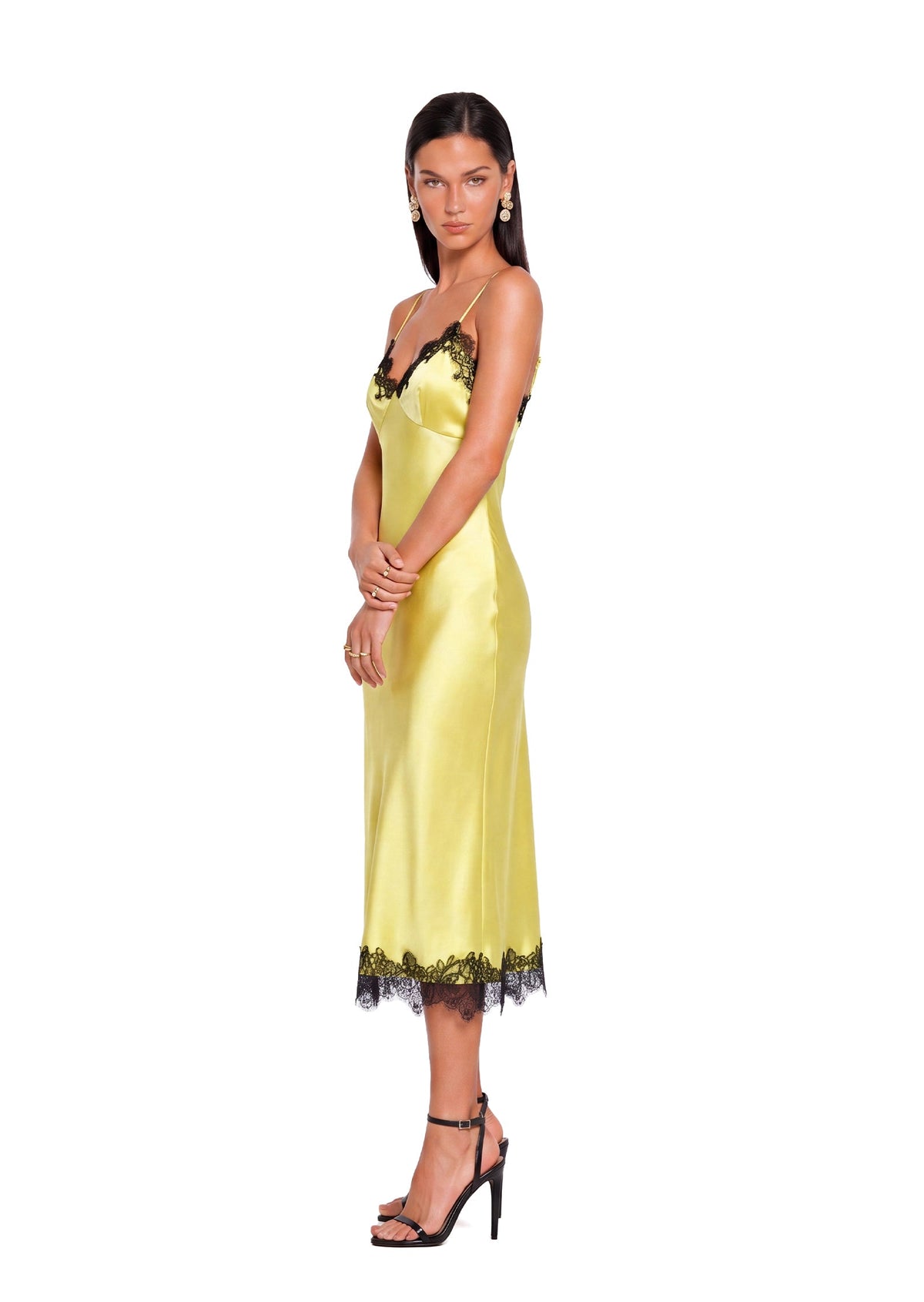 Xaria Satin Midi Dress With Lace In Yellow