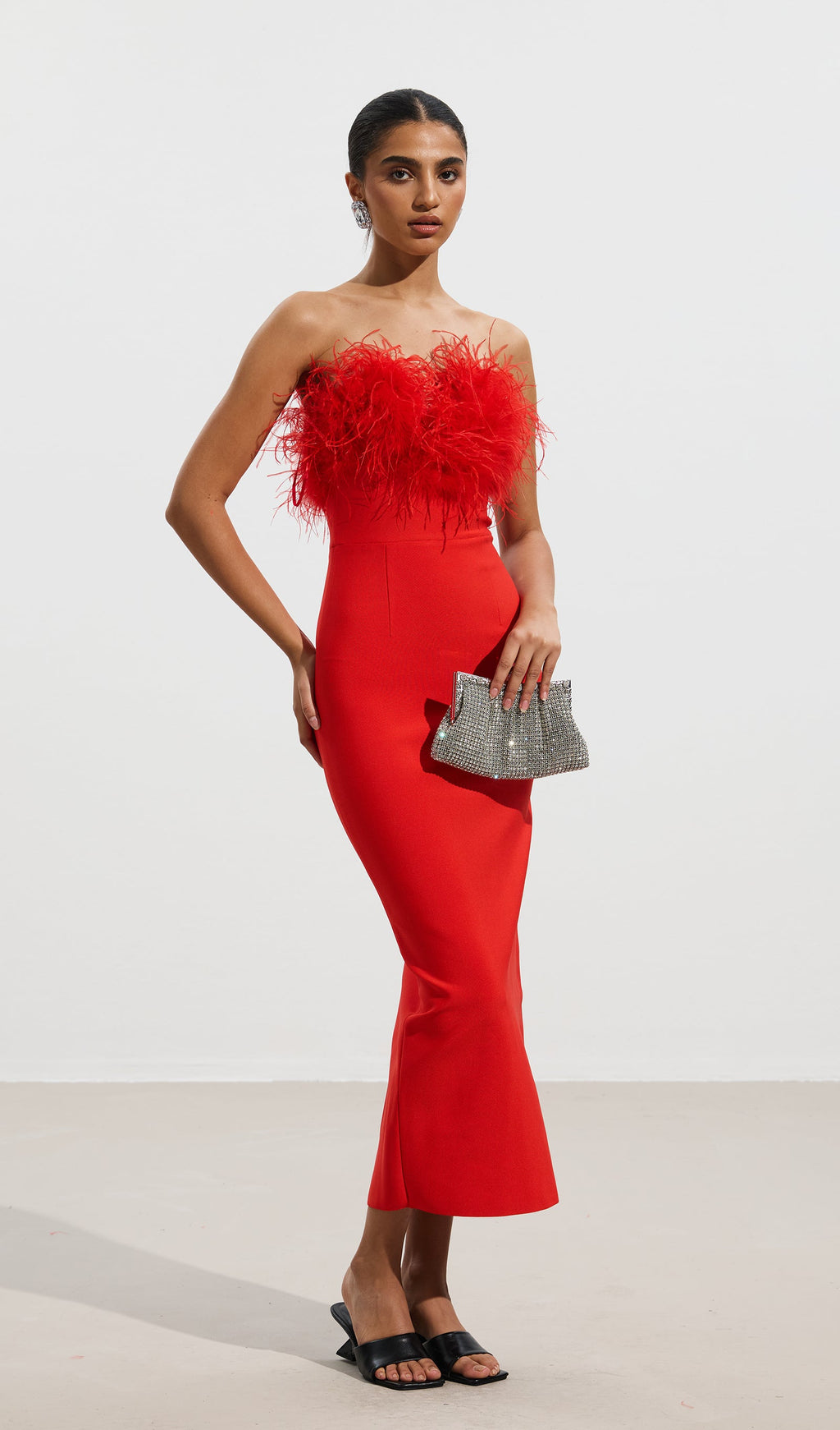 Lena Feather Trimmed Midi Dress Red