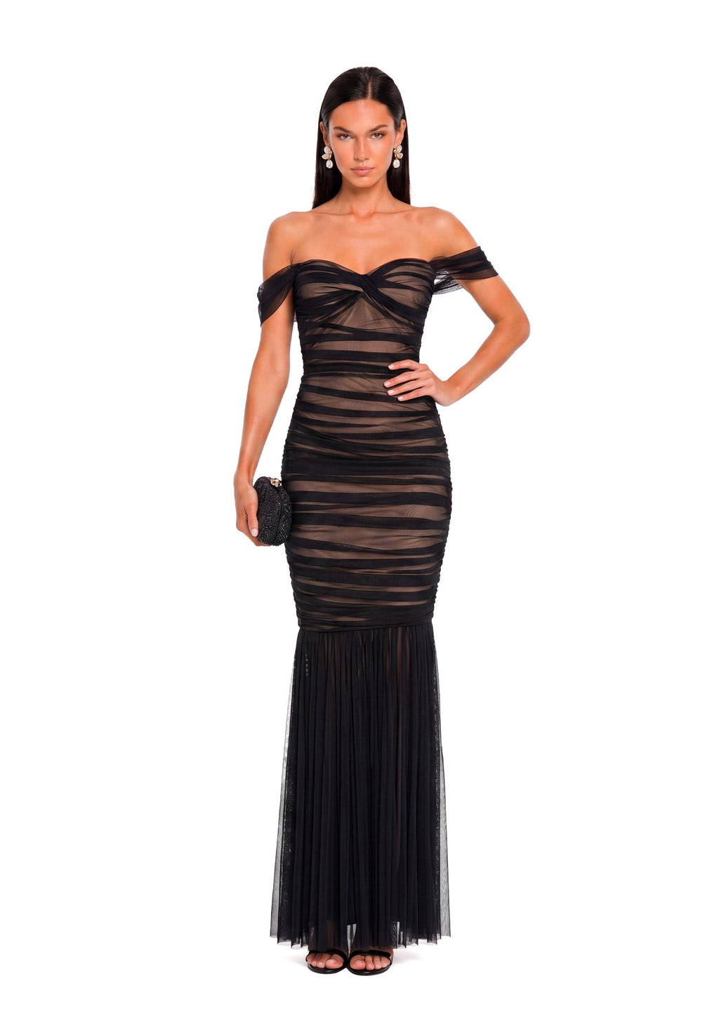 Valeska Off Shoulder Fishtail  Maxi Dress In Black