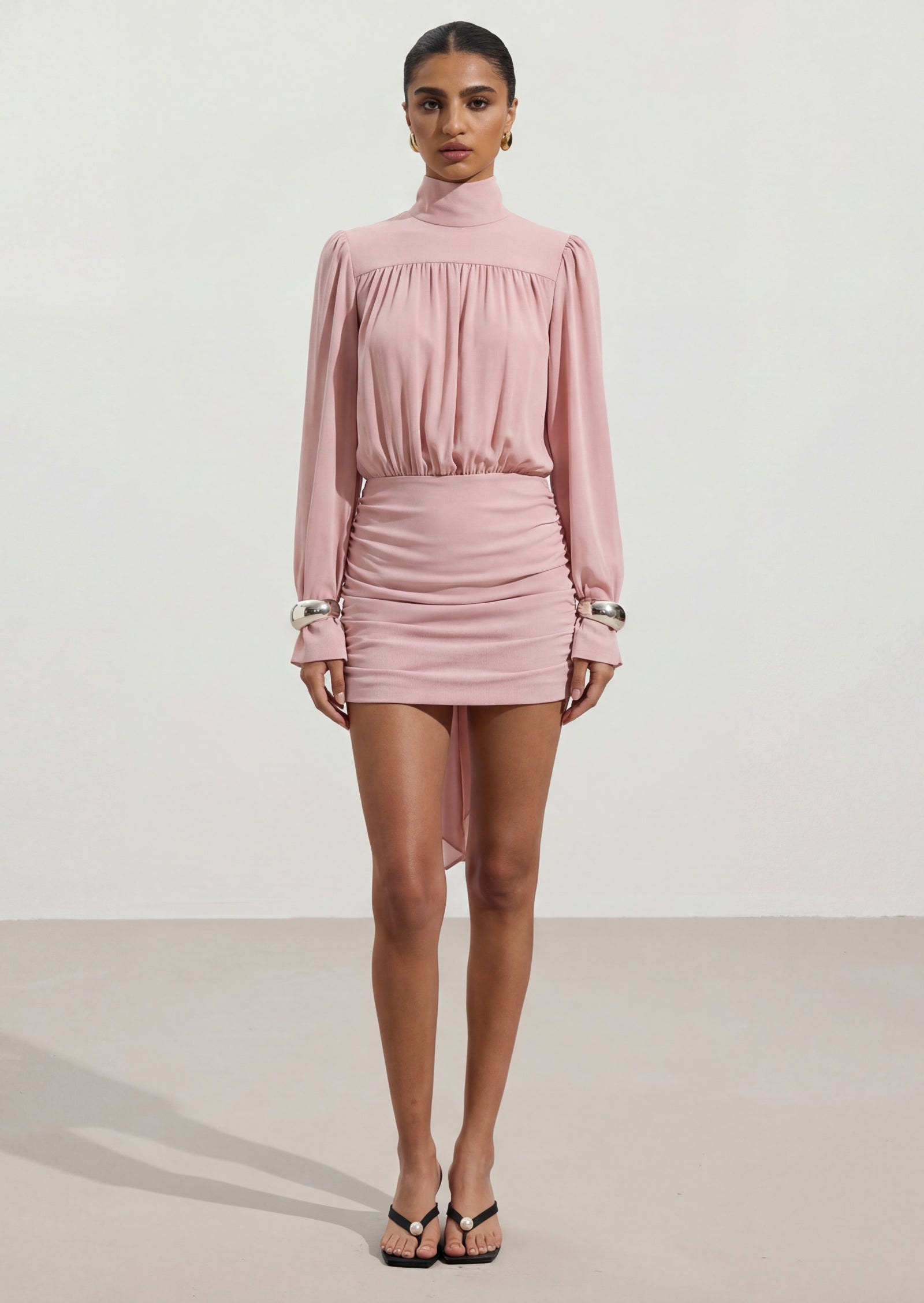 Back Bow Detail Puff-Sleeve Blouson Dress